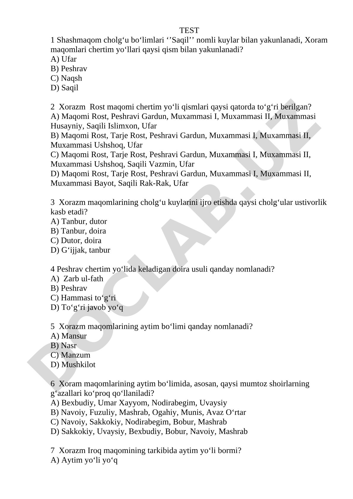 Xorazm maqomlari cholg‘u va aytim bo‘limlari test