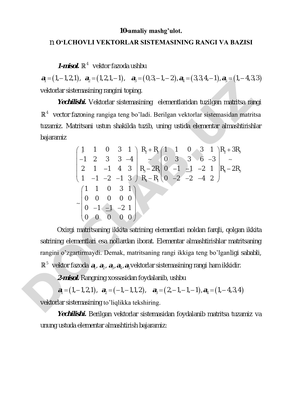 N o‘lchovli vektorlar sistemasining rangi va bazisi