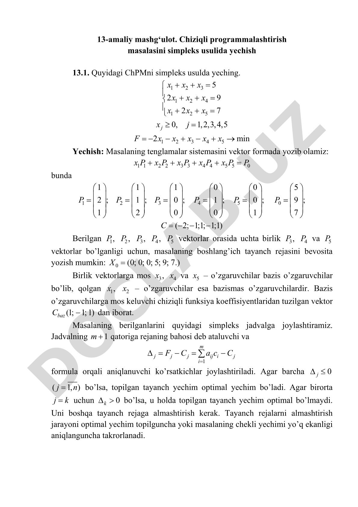 Chiziqli programmalashtirish masalasini simpleks usulida yechish