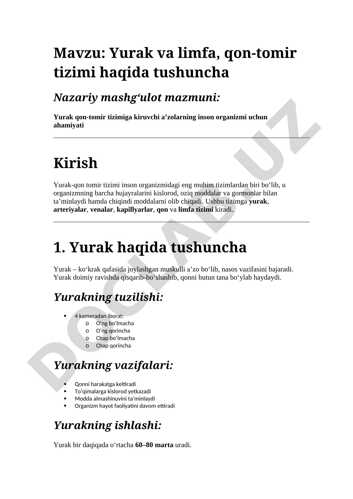 Yurak va limfa, qon-tomir tizimi haqida tushuncha