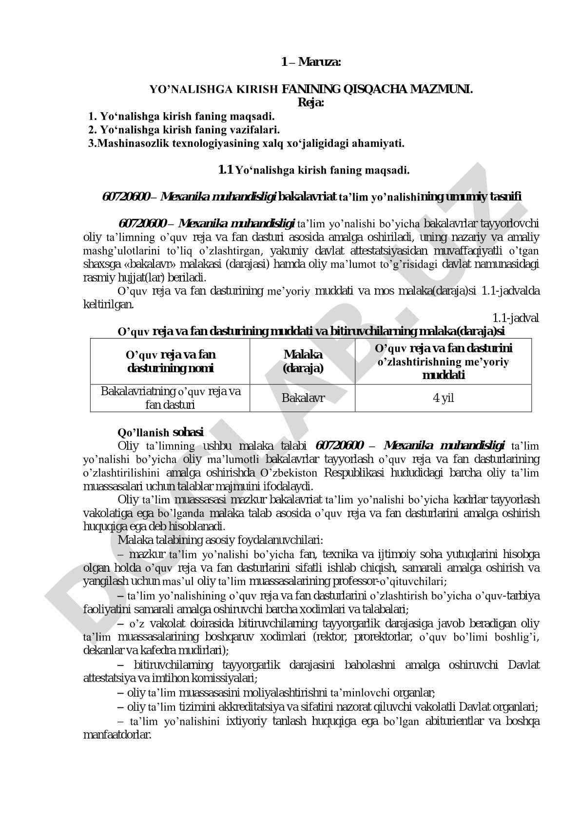 Yo’nalishga kirish fanining qisqacha mazmuni