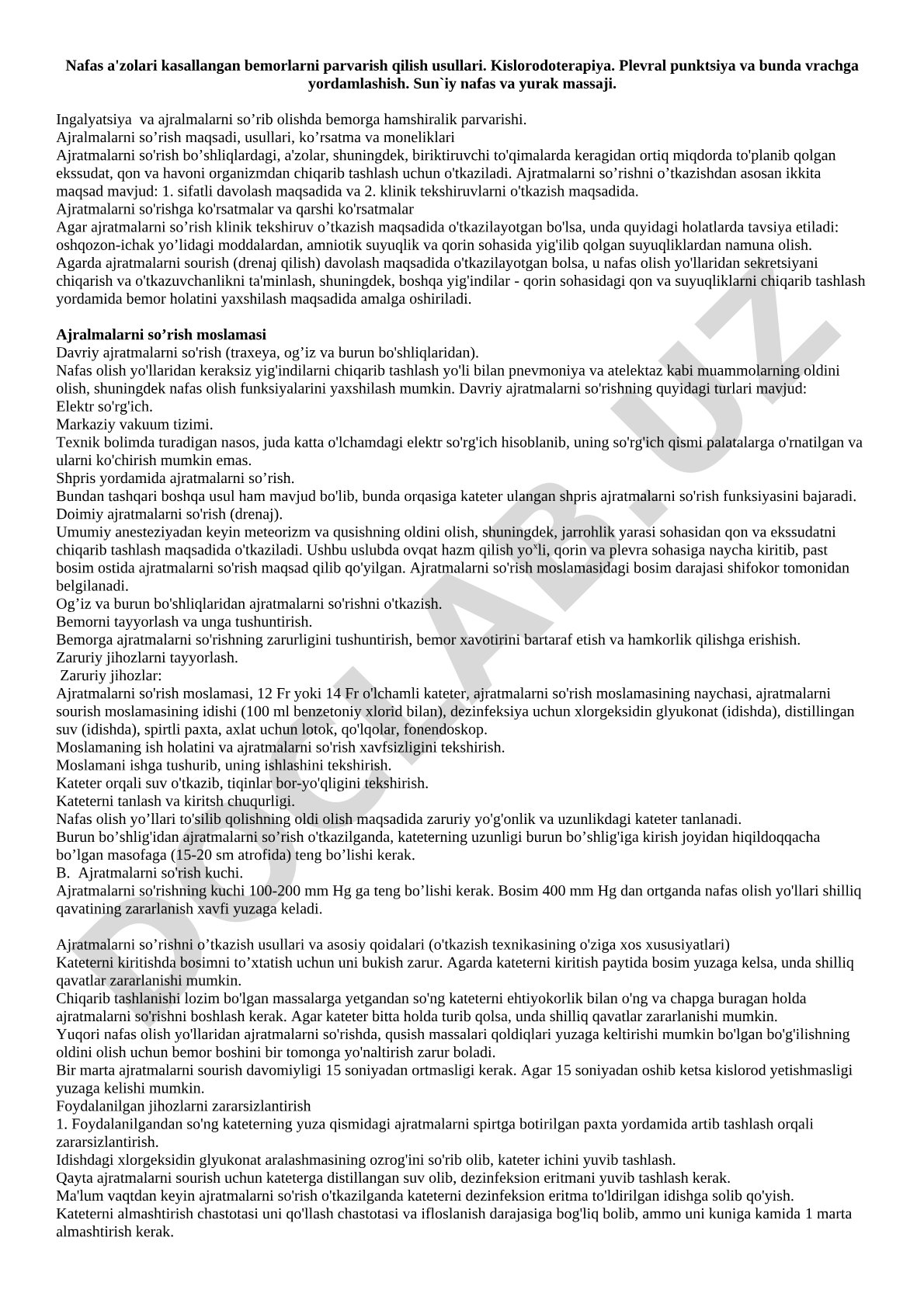 Nafas a'zolari kasallangan bemorlarni parvarish qilish usullari