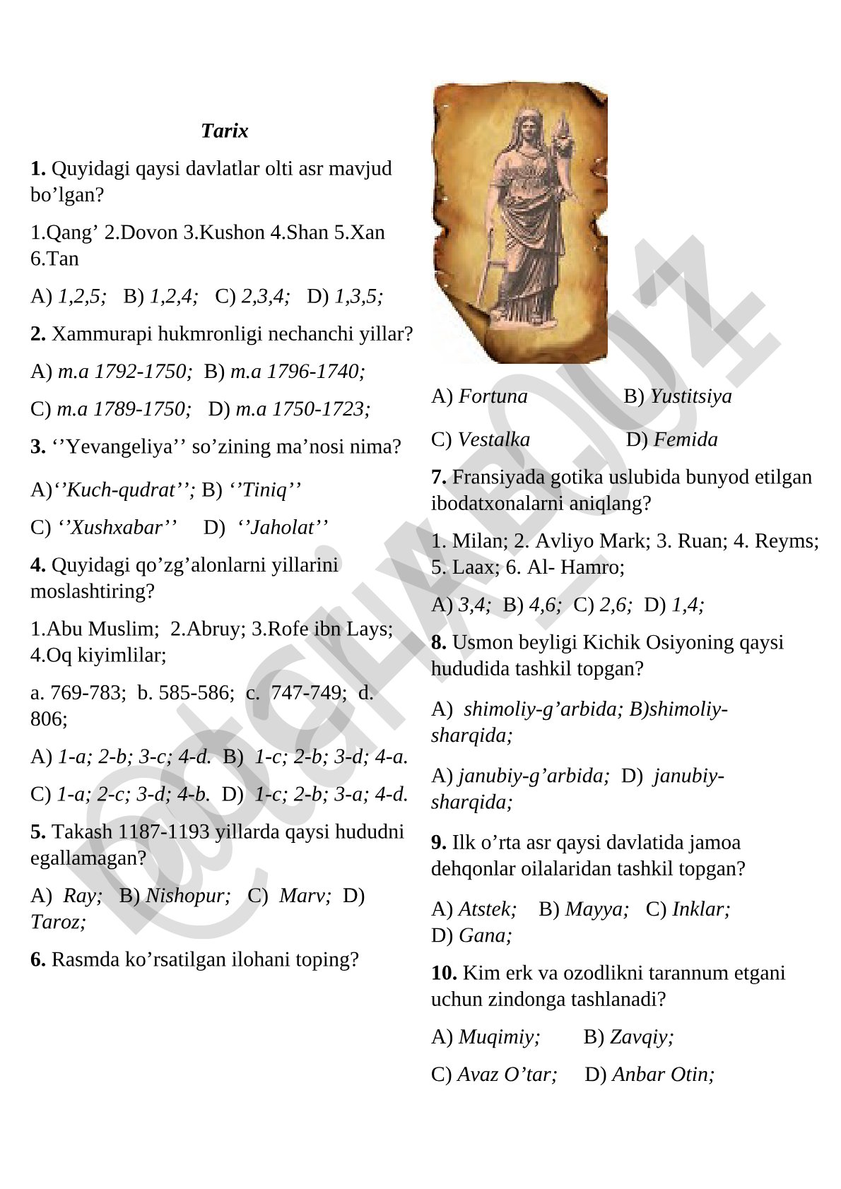 Tarix fanidan test: qadimgi davlatlar, hukmdorlar, qo'zg'olonlar