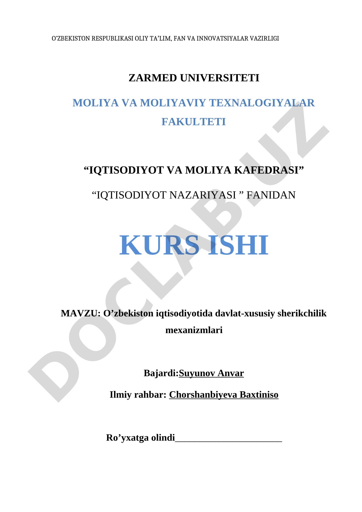 O’zbekiston iqtisodiyotida davlat-xususiy sherikchilik mexanizmlari