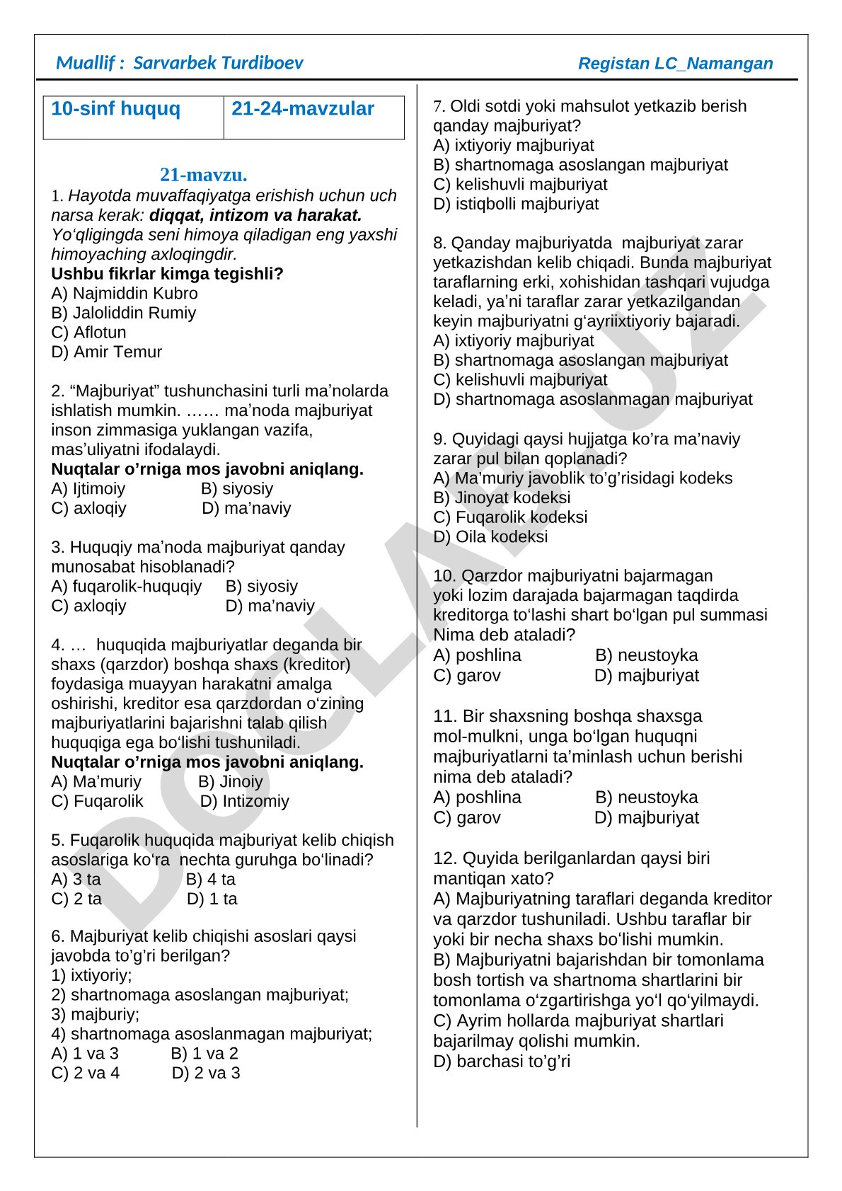 10-sinf huquq 21-24-mavzular test savollari