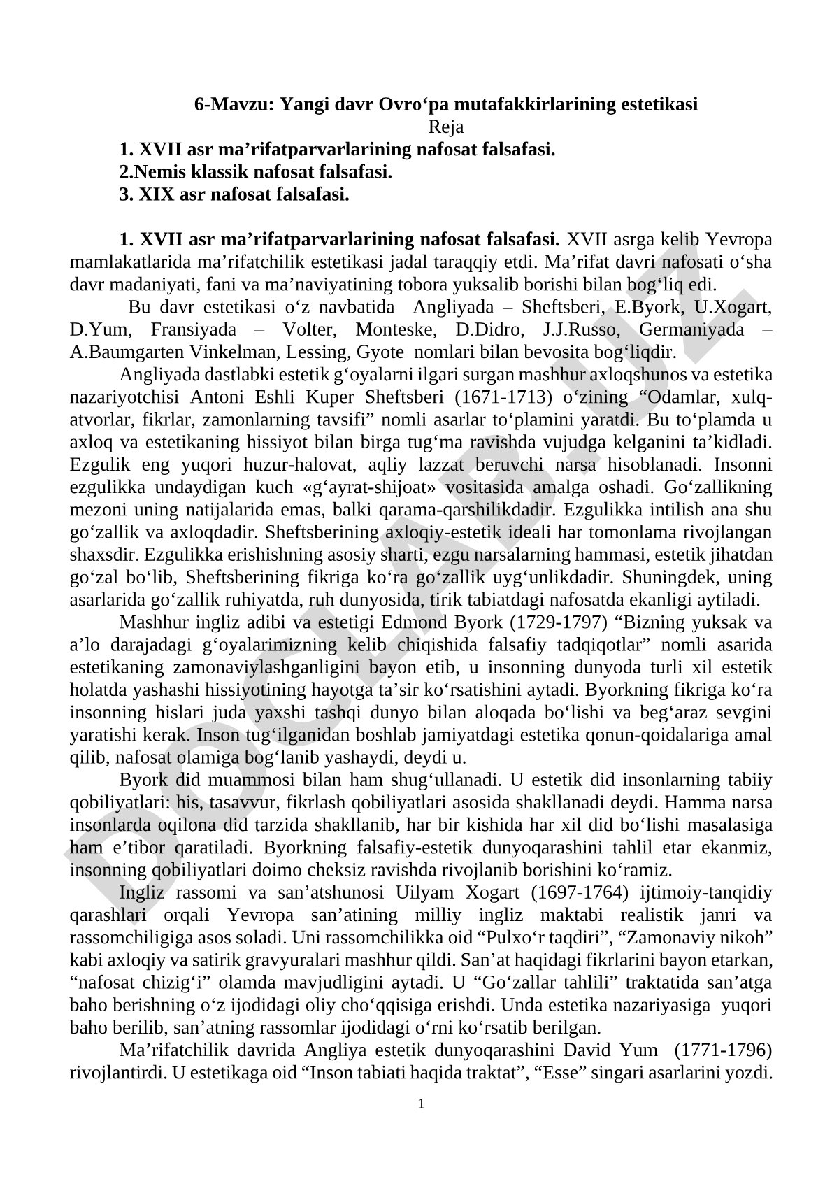 Yangi davr Ovro‘pa mutafakkirlarining estetikasi