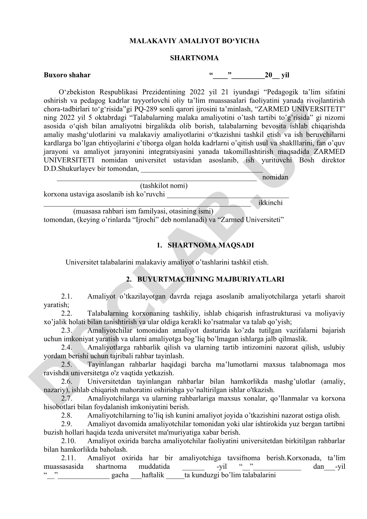 Malakaviy amaliyot bo‘yicha shartnoma