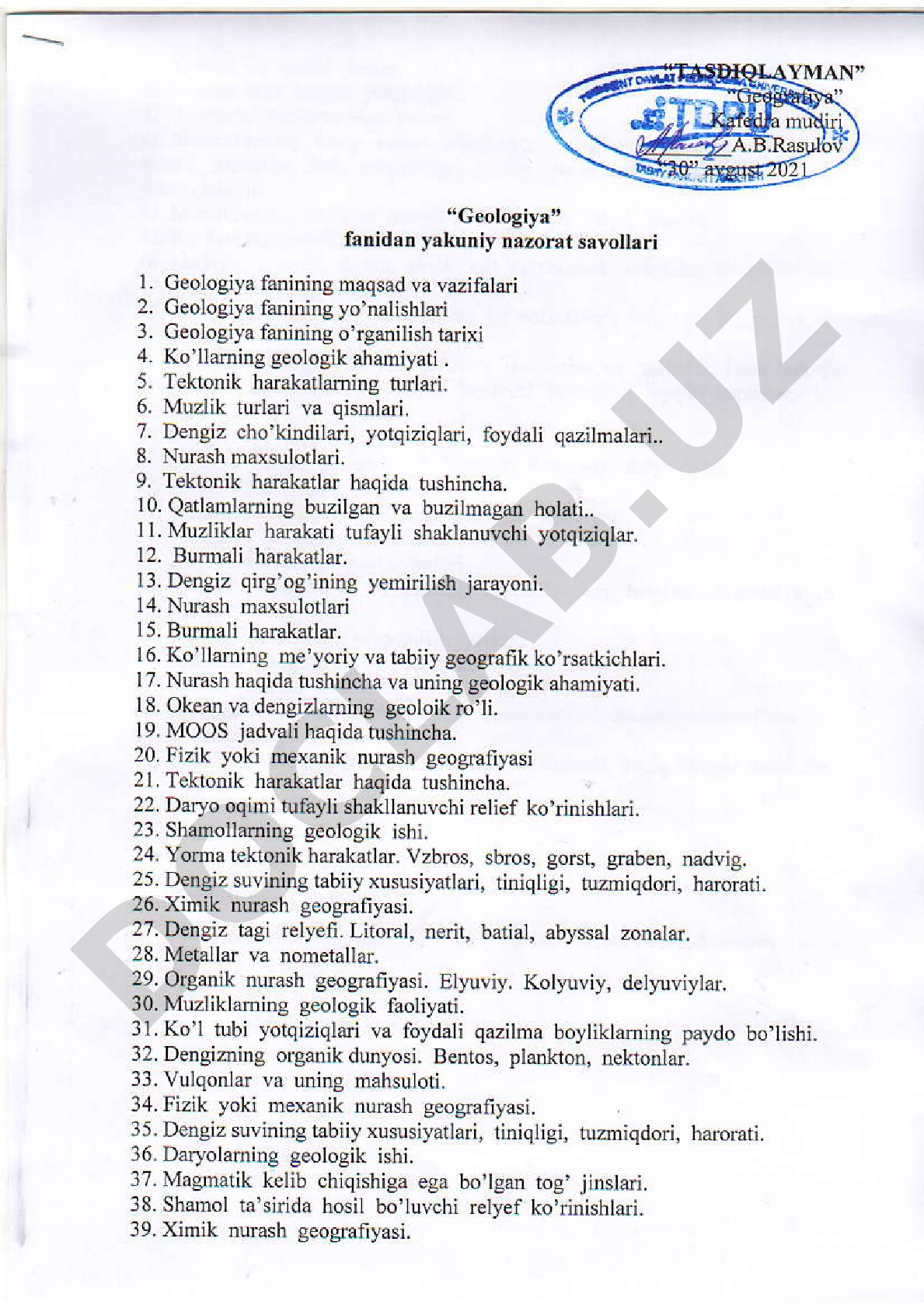 Geologiya fanidan yakuniy nazorat savollari