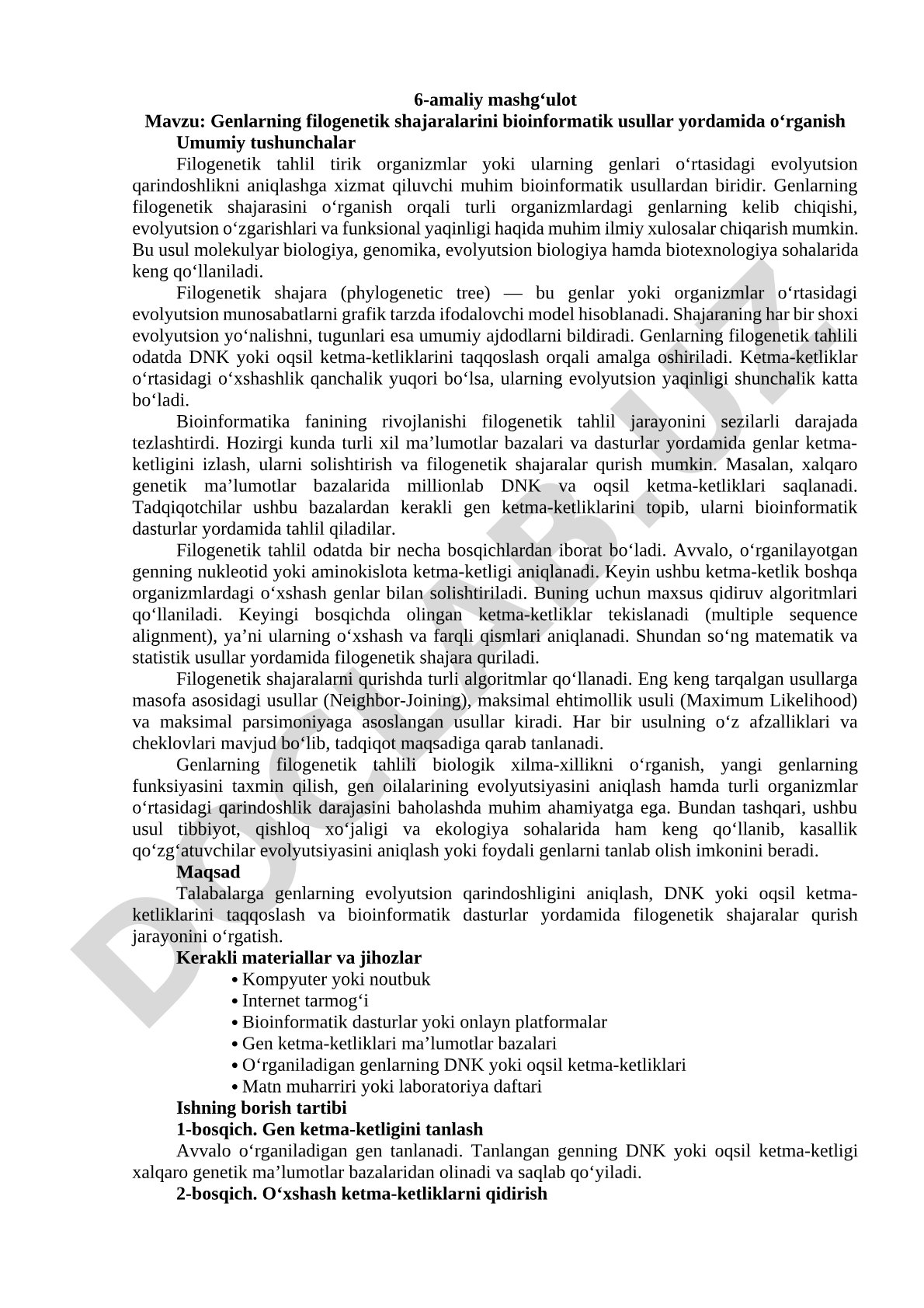 Genlarning filogenetik shajaralarini bioinformatik usullar yordamida o‘rganish
