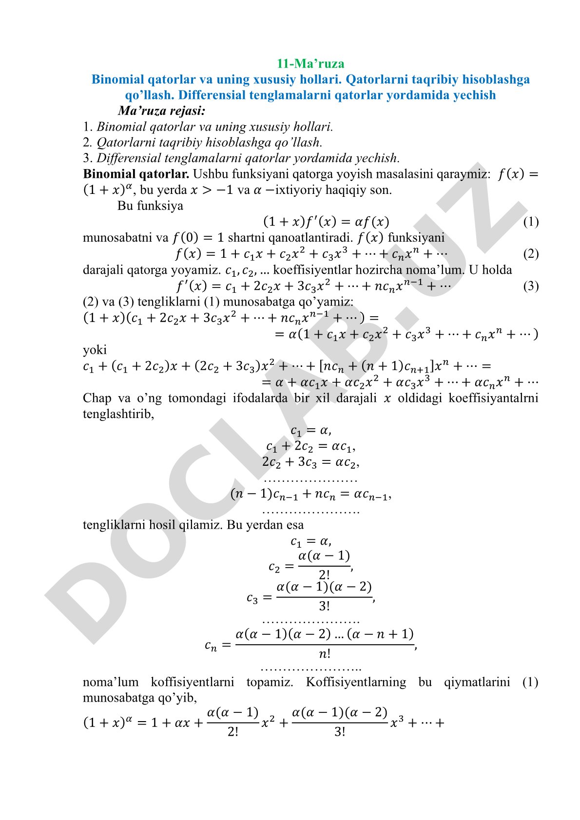 Binomial qatorlar va uning xususiy hollari