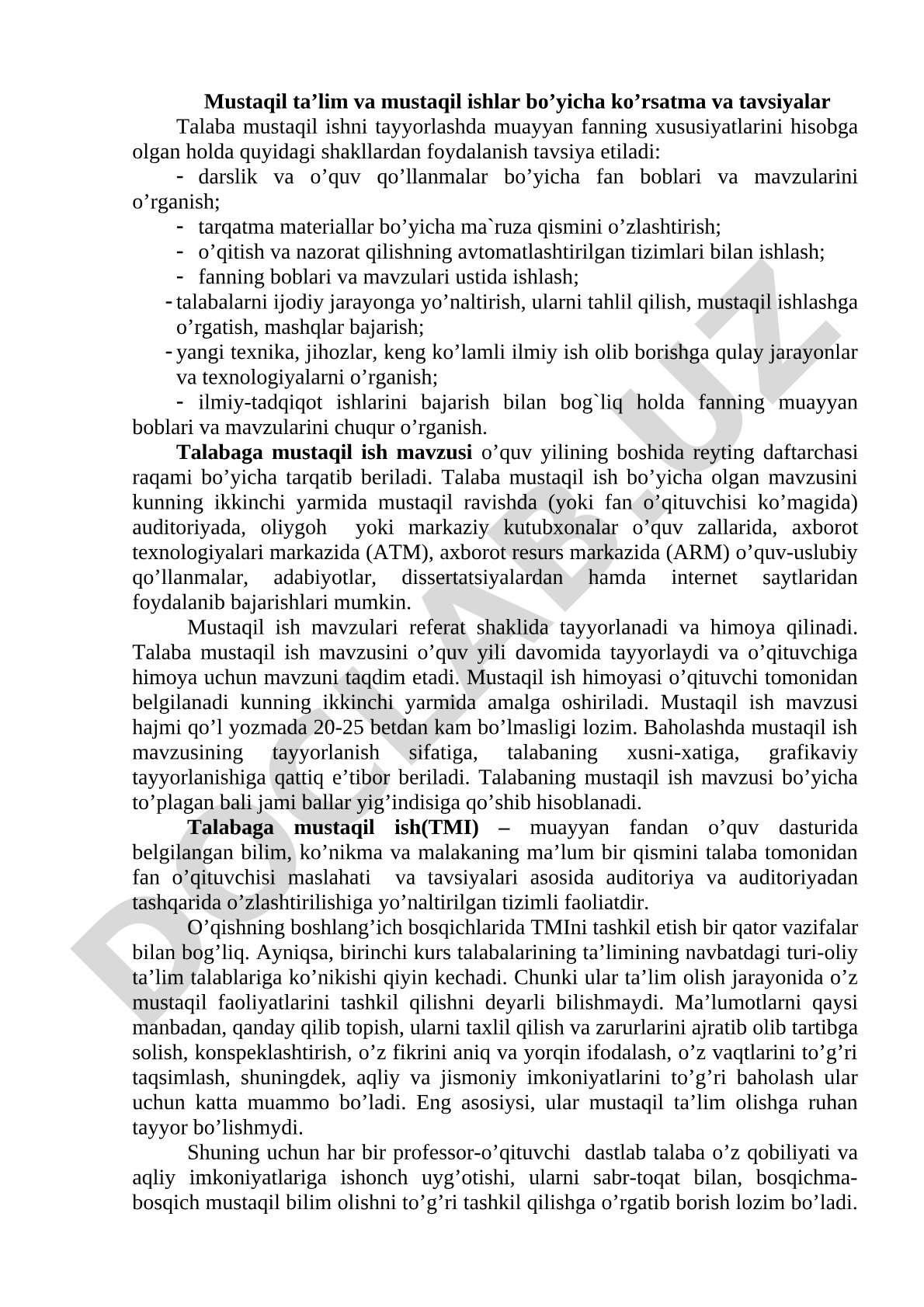 Mustaqil ta'lim va mustaqil ishlar bo'yicha ko'rsatma va tavsiyalar