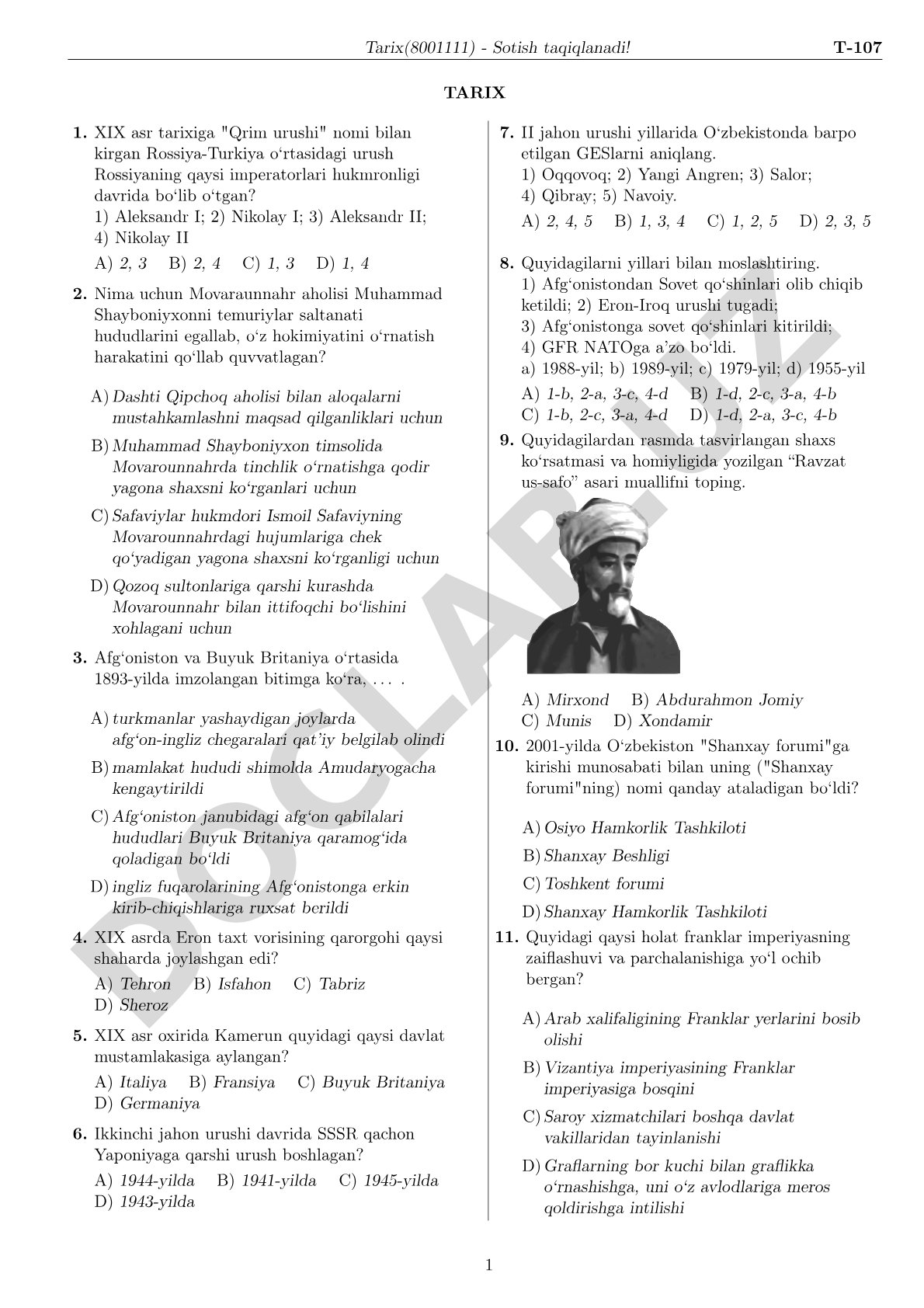Tarix fanidan ko'p variantli test savollari