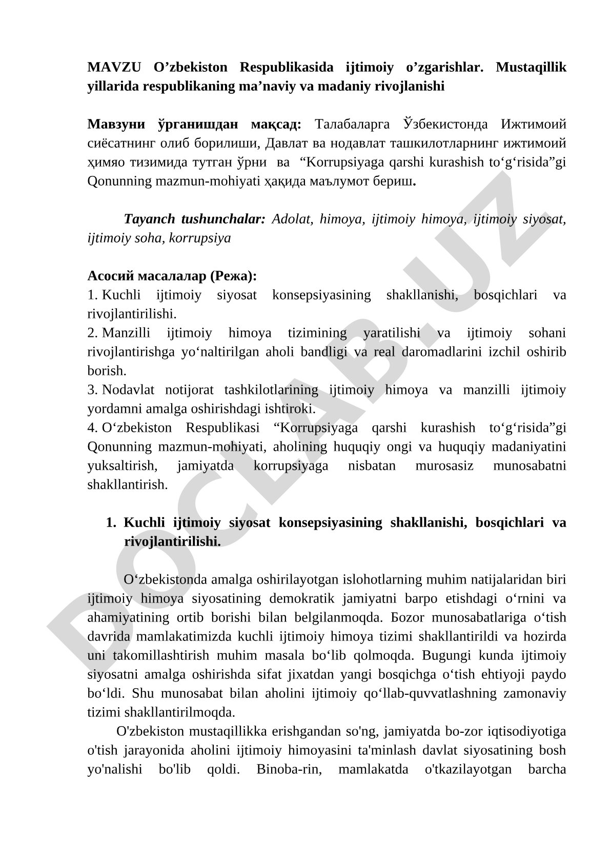 O’zbekiston Respublikasida ijtimoiy o’zgarishlar. Mustaqillik yillarida respublikaning ma’naviy va madaniy rivojlanishi