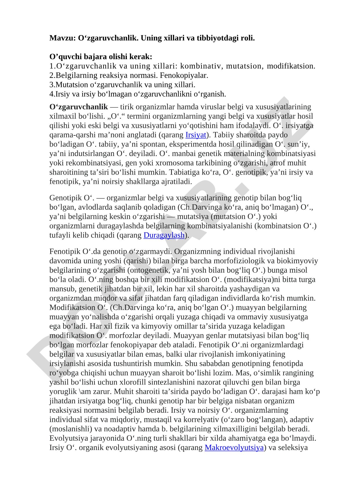 O'zgaruvchanlik. Uning xillari va tibbiyotdagi roli