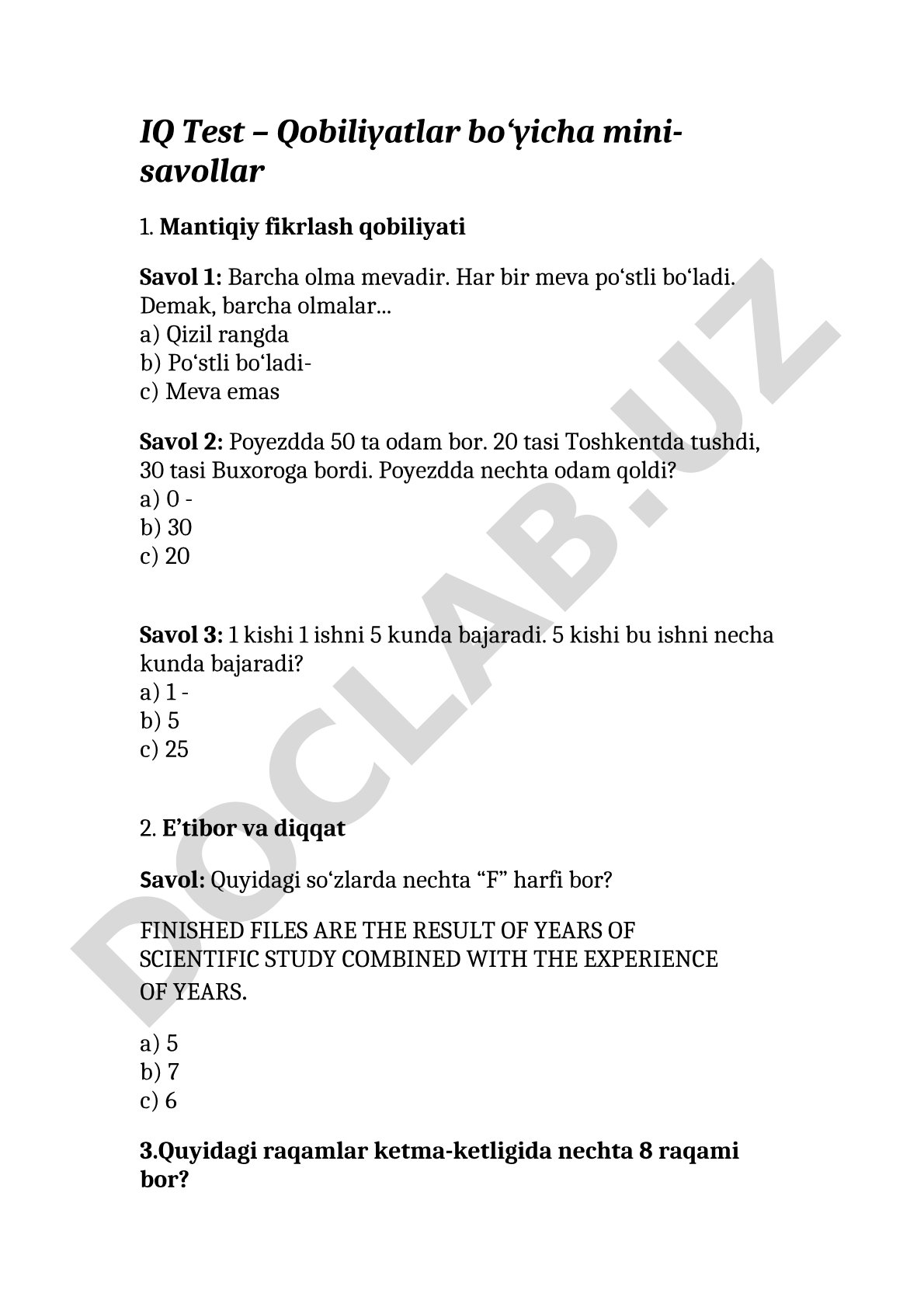 IQ Test – Qobiliyatlar bo‘yicha mini-savollar