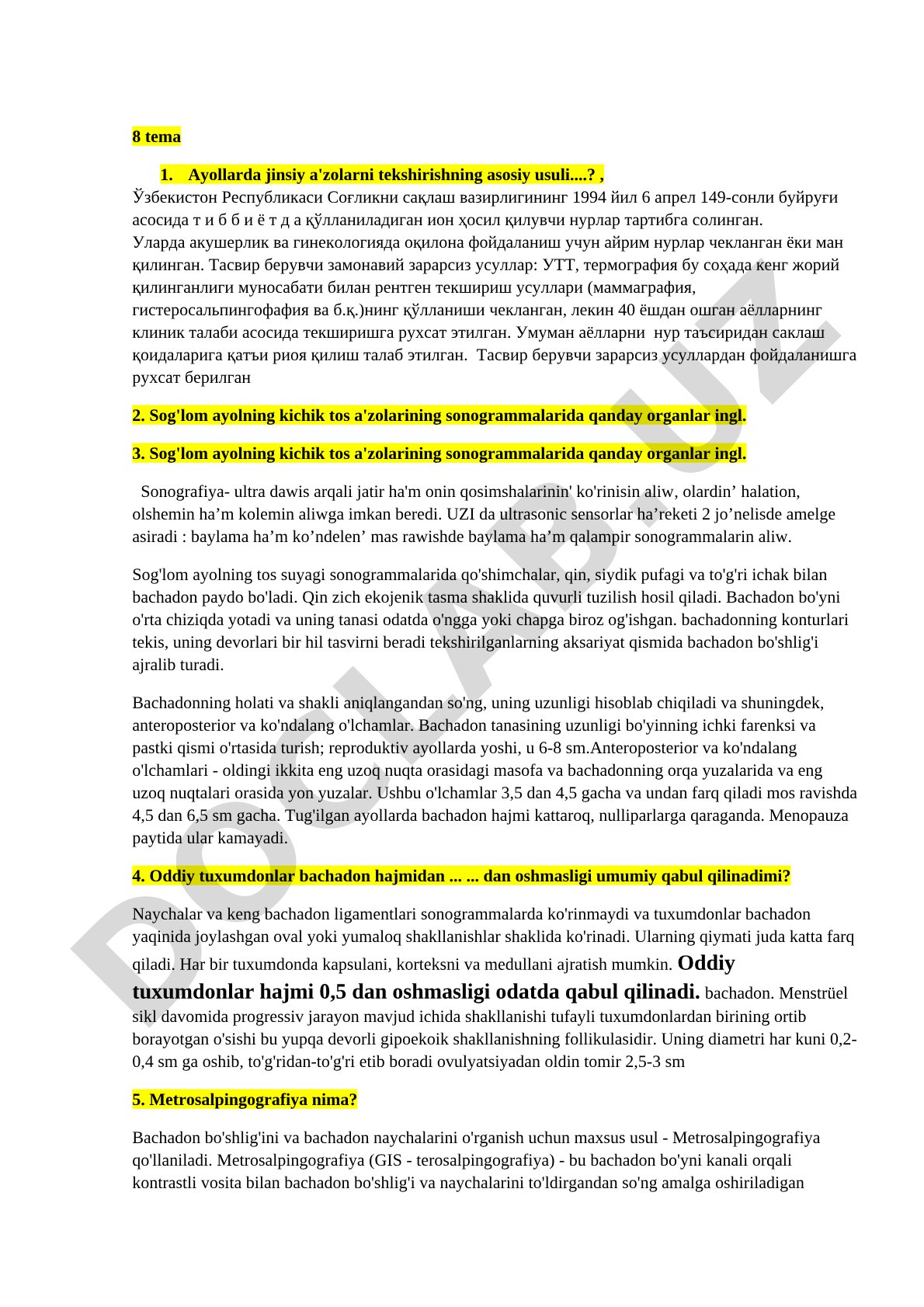 Ayollarda jinsiy a'zolarni tekshirishning asosiy usuli