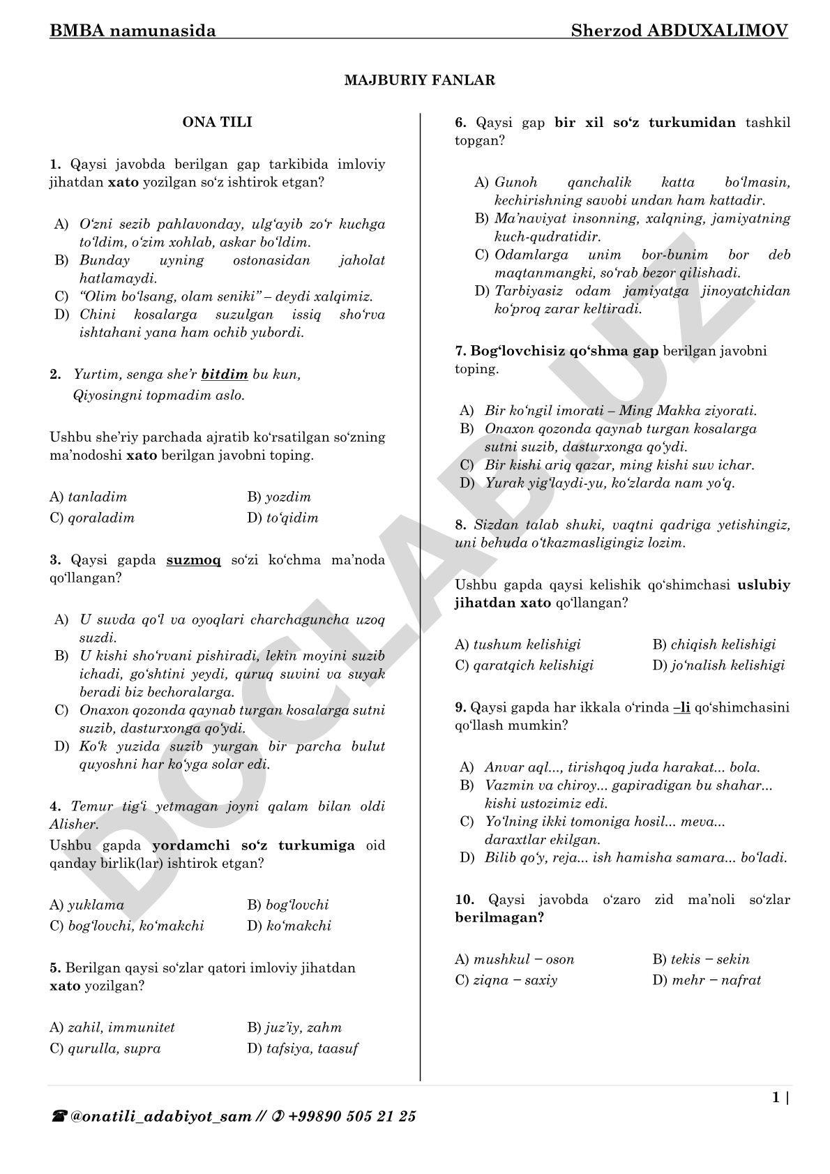 Ona tili imlo, sinonim va ko‘chma ma’no savollari