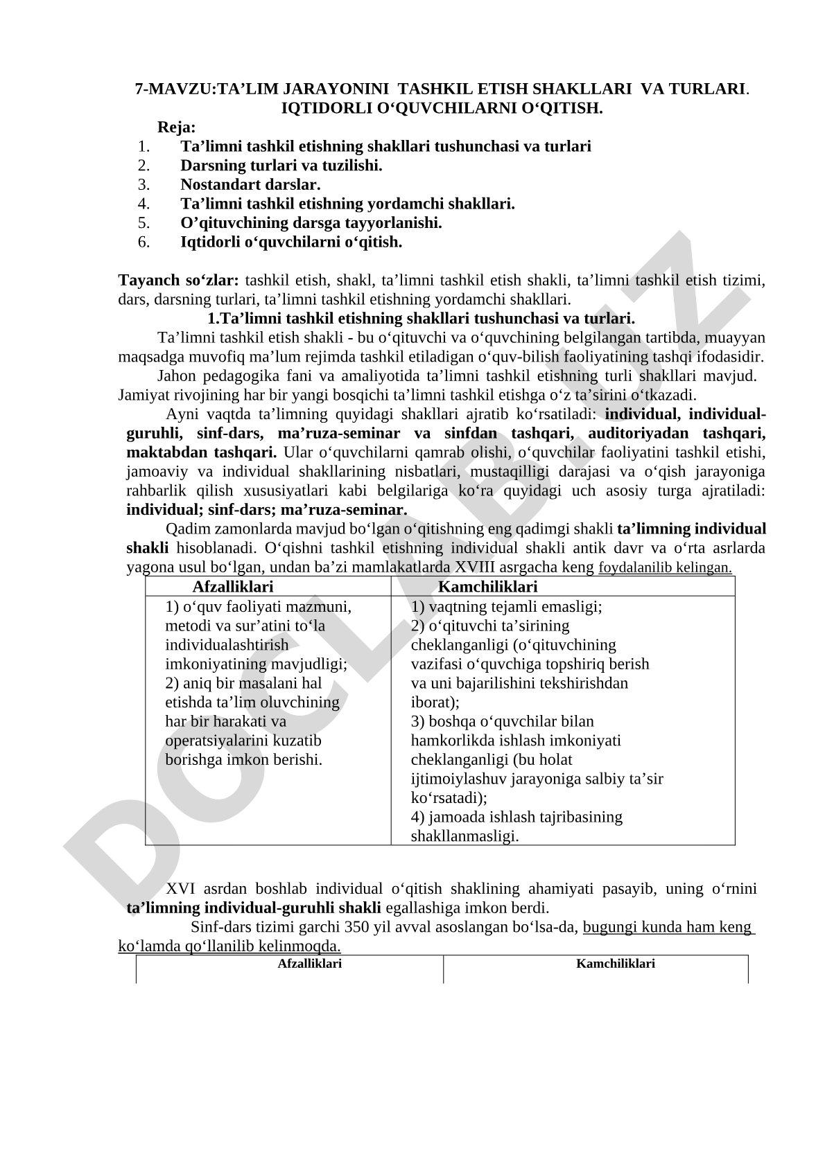 Ta'lim jarayonini tashkil etish shakllari va turlari. Iqtidorli o'quvchilarni o'qitish