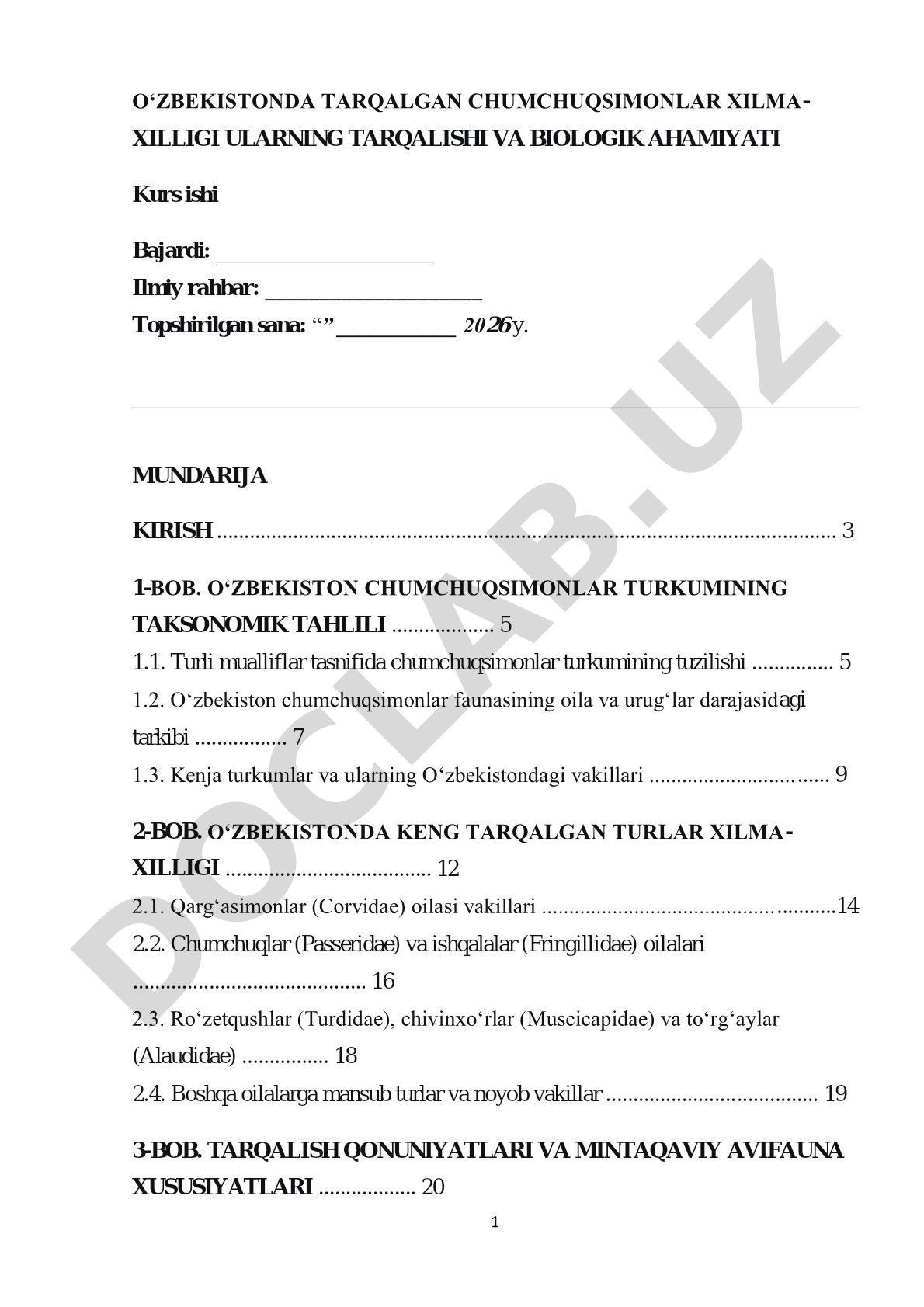 O‘zbekistonda tarqalgan chumchuqsimonlar xilma-xilligi, ularning tarqalishi va biologik ahamiyati
