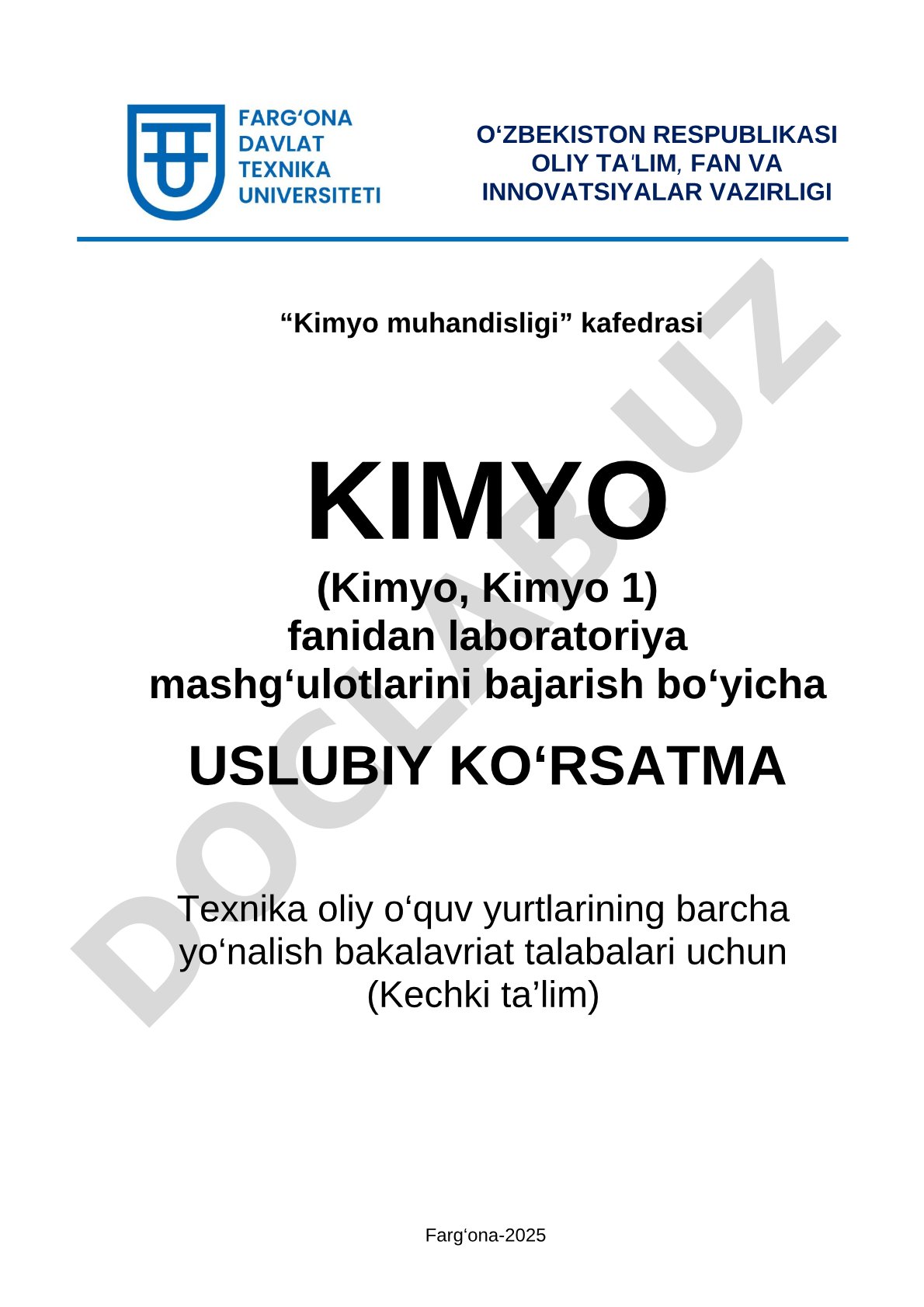 Umumiy va anorganik kimyo fanidan laboratoriya mashg'ulotlari