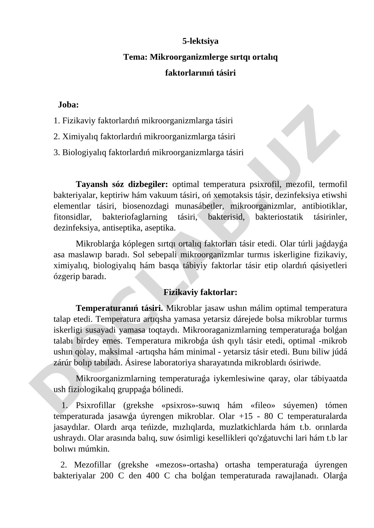 Mikroorganizmlerge sırtqı ortalıq faktorlarınıń tásiri