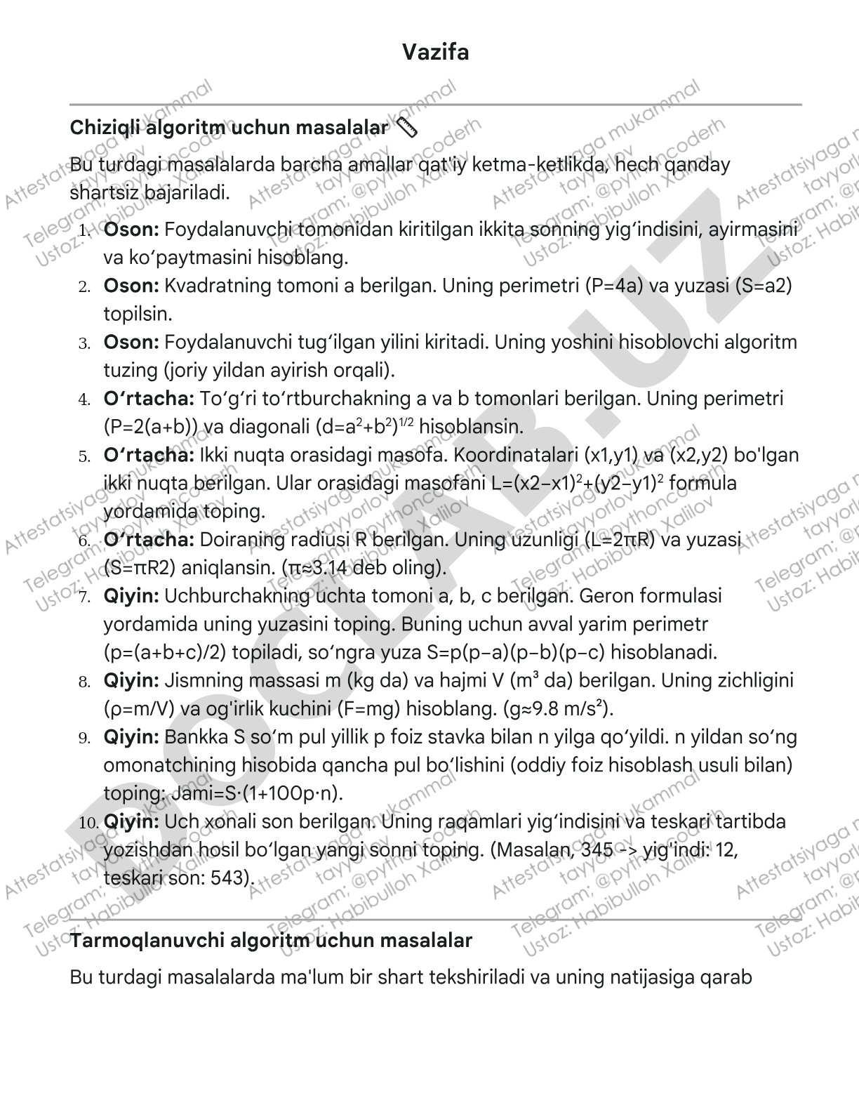 Chiziqli algoritm uchun masalalar