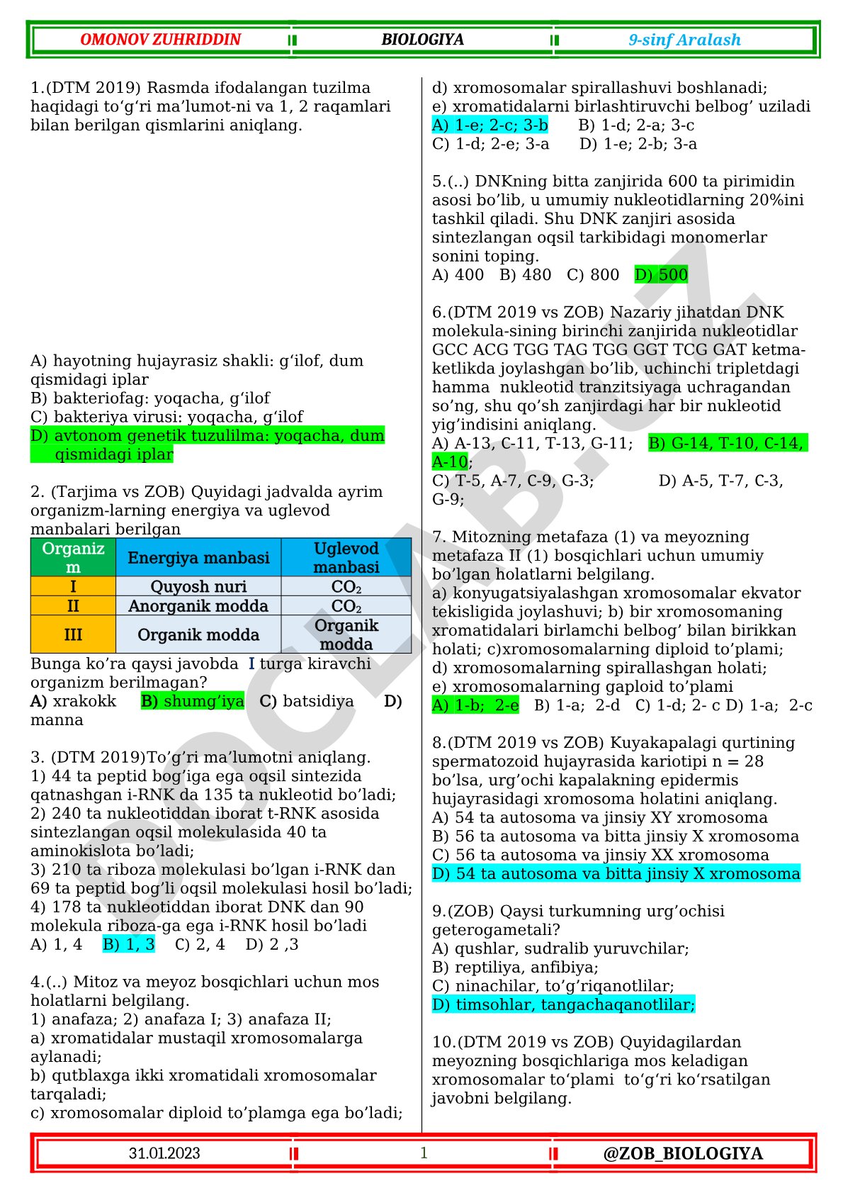 Biologiyadan viruslar oqsil biosintezi mitoz va meyoz test savollari