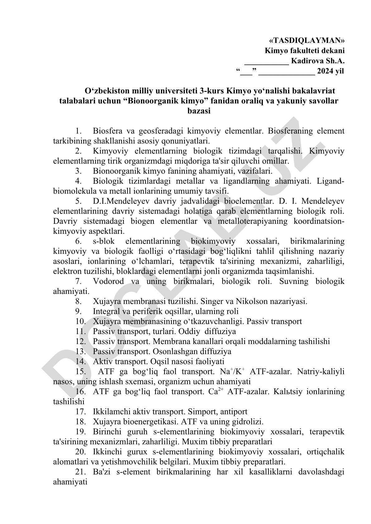 Bionoorganik kimyo fanidan oraliq va yakuniy savollar bazasi