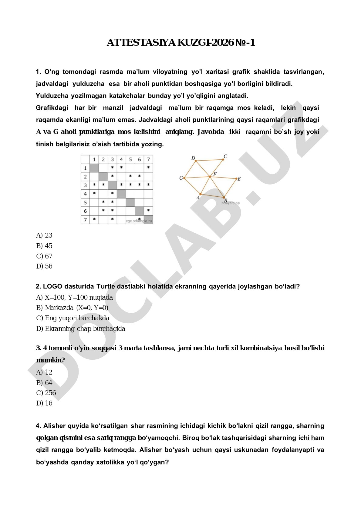 Informatika attestasiya test savollari: grafik, LOGO, kombinatorika
