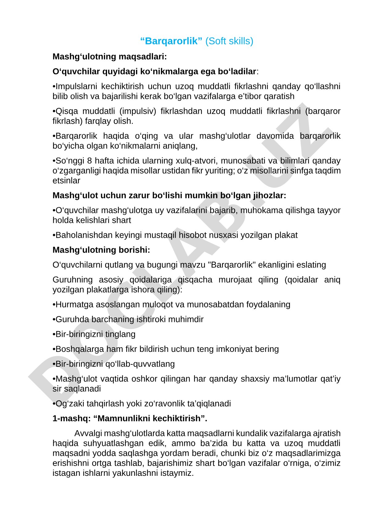 Barqarorlik (soft skills) mavzusidagi mashg'ulot rejasi, maqsadlari va borishi