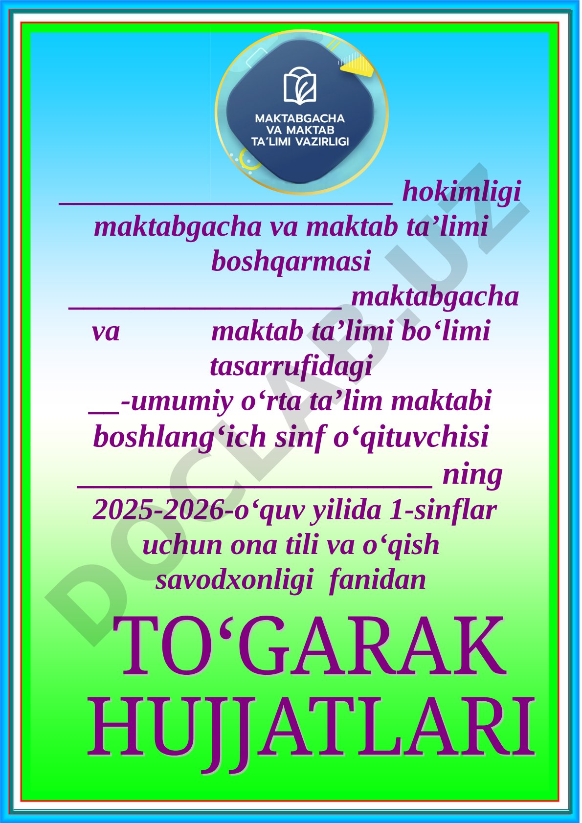 1-sinflar uchun ona tili va o'qish savodxonligi to'garagi