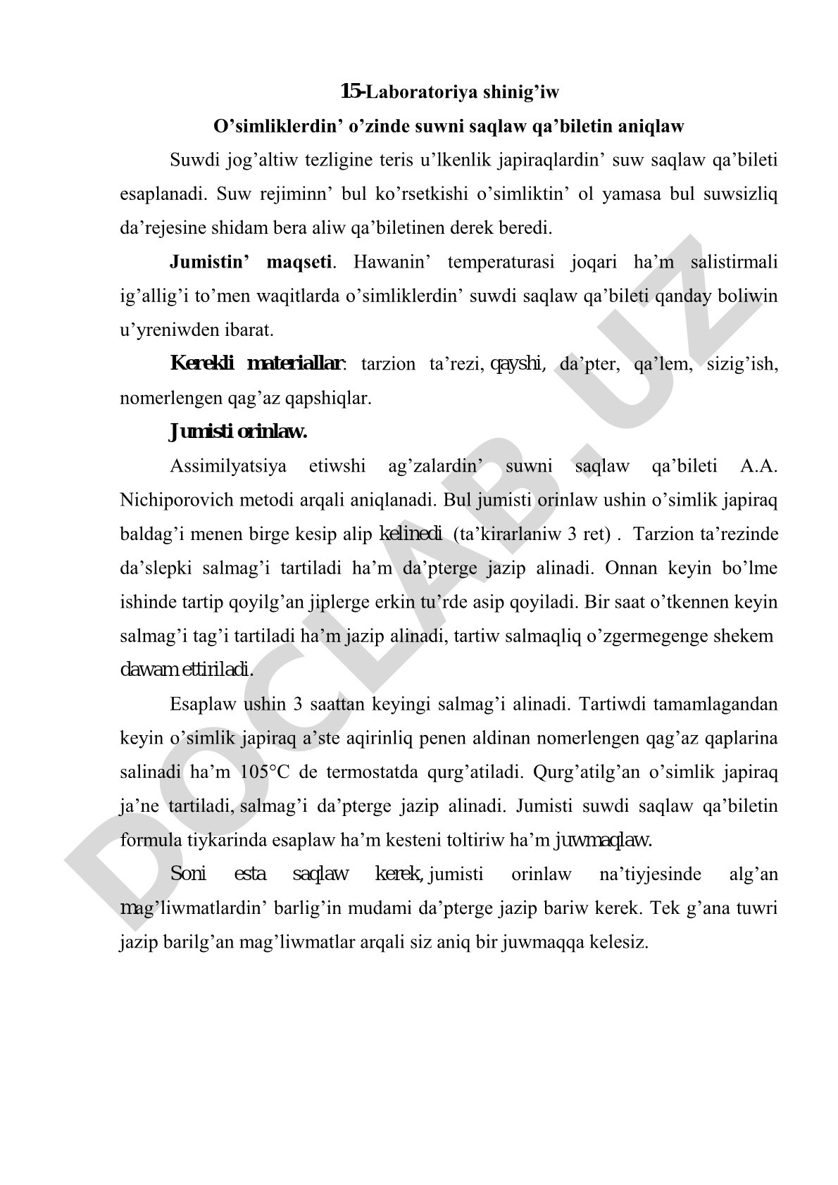 15-Laboratoriya shinig’iw O’simliklerdin’ o’zinde suwni saqlaw qa’biletin aniqlaw