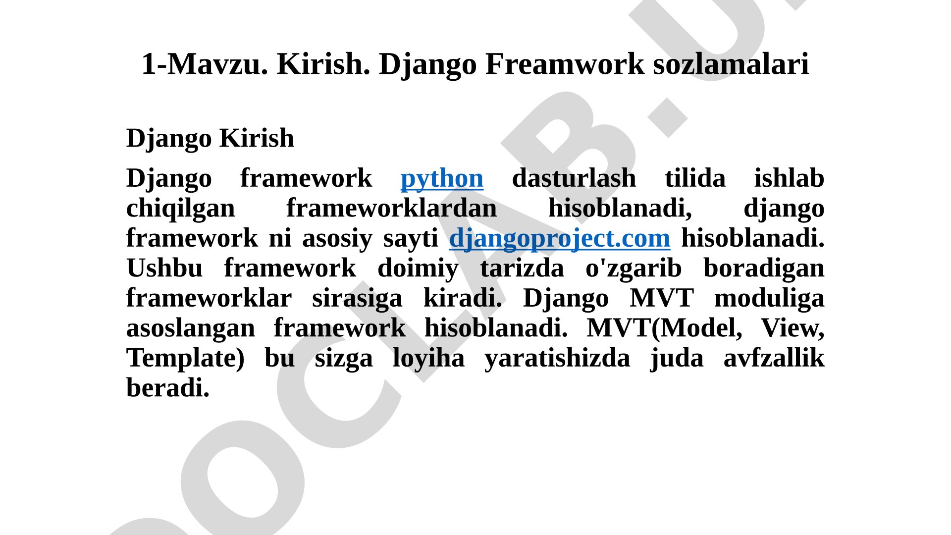 Kirish. Django Freamwork sozlamalari