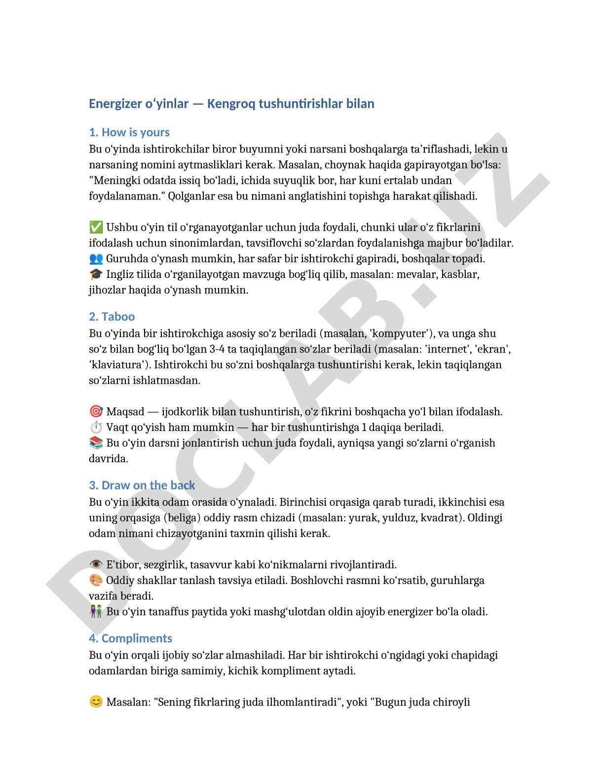 Energizer o'yinlar - kengroq tushuntirishlar bilan
