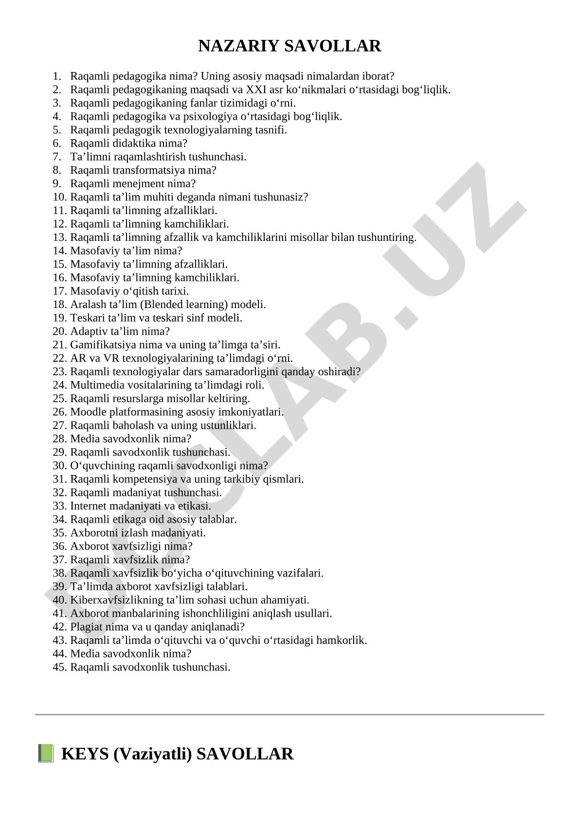 Raqamli pedagogika bo‘yicha nazariy savollar