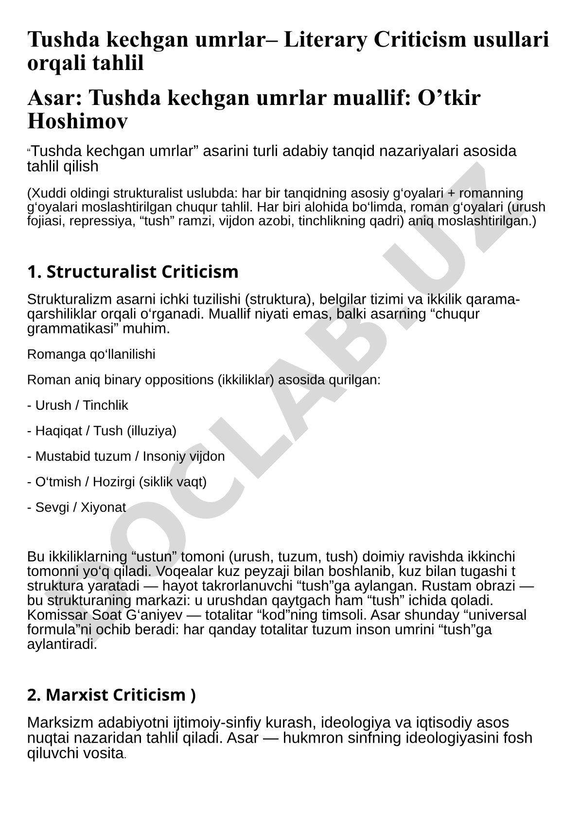 Tushda kechgan umrlar– Literary Criticism usullari orqali tahlil