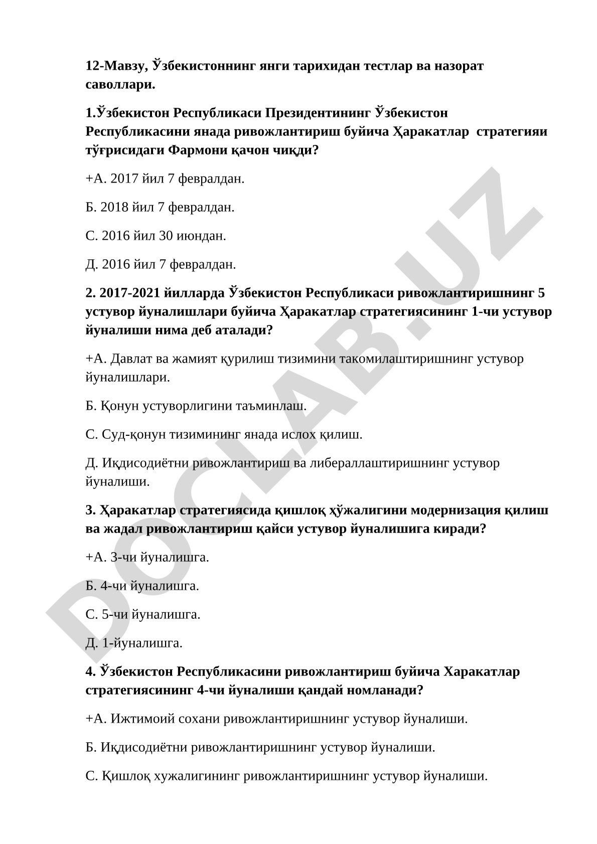Ўзбекистоннинг янги тарихидан тестлар ва назорат саволлари