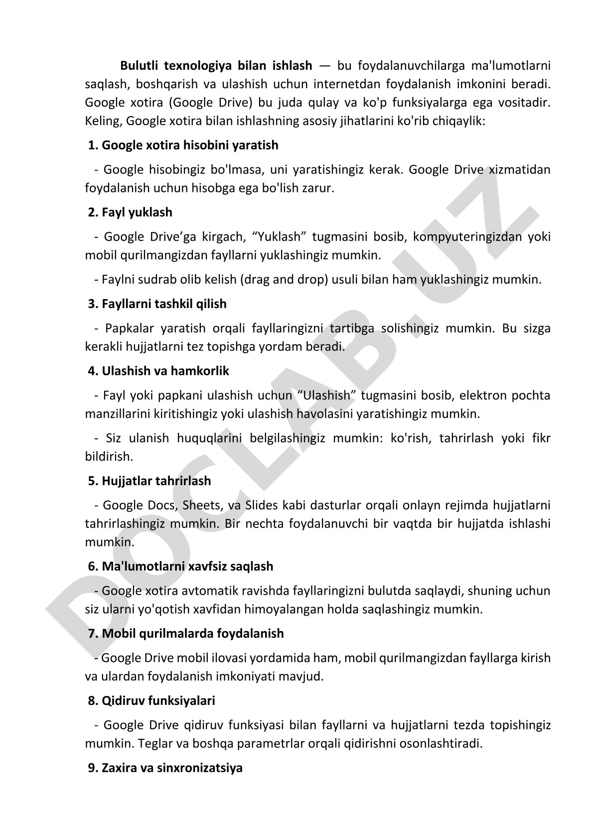 Bulutli texnologiya bilan ishlash va Google Drive imkoniyatlari