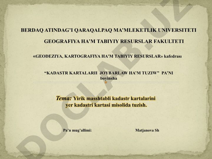 Yirik masshtabli kadastr kartalarini yer kadastri kartasi misolida tuzish