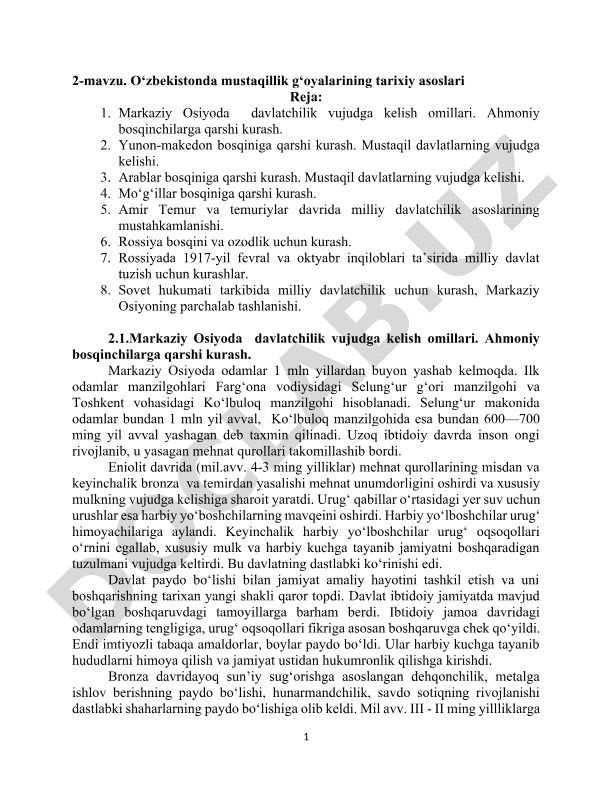 O‘zbekistonda mustaqillik g‘oyalarining tarixiy asoslari