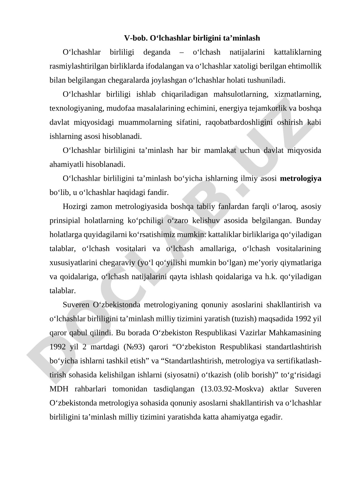 O‘lchashlar birligini ta’minlash