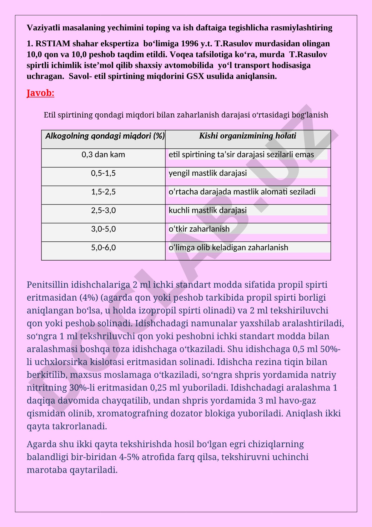 Etil spirtining qondagi miqdorini GSX usulida aniqlash