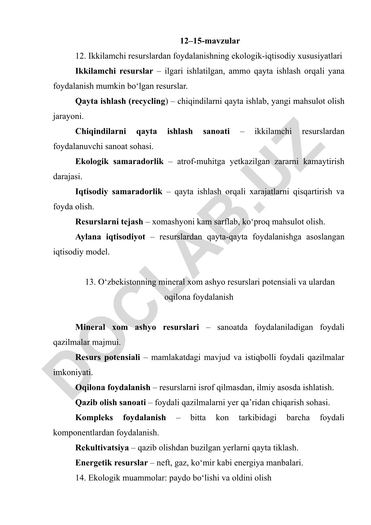 Ikkilamchi resurslardan foydalanishning ekologik-iqtisodiy xususiyatlari va O'zbekistonning mineral resurslari