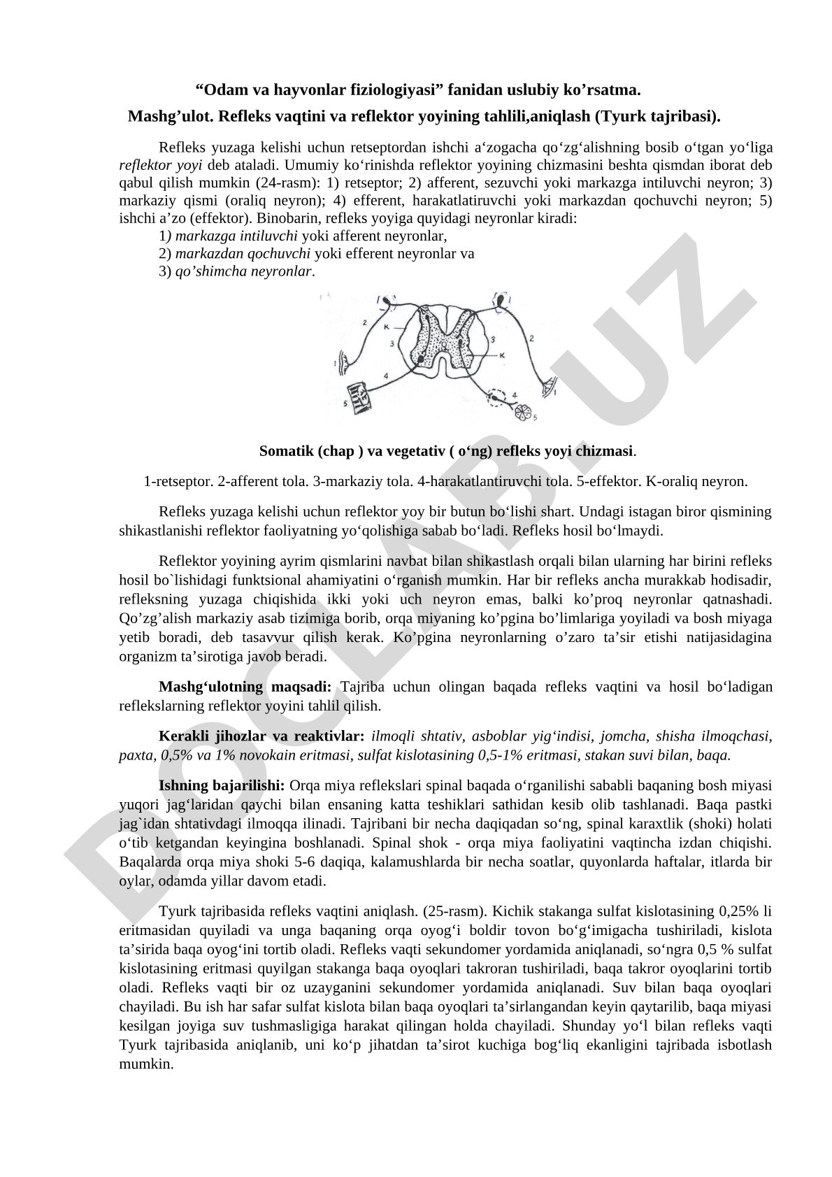 Refleks vaqtini va reflektor yoyining tahlili,aniqlash (Tyurk tajribasi)