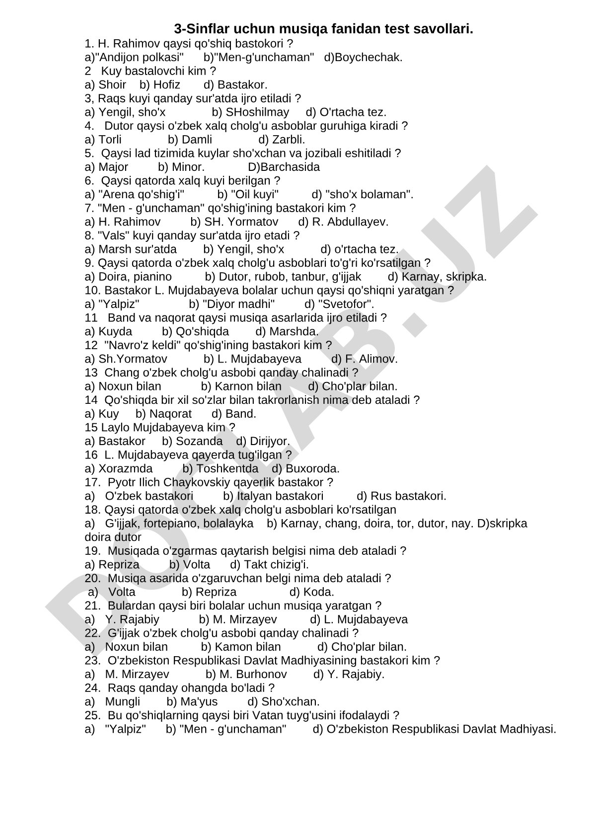 3-sinf musiqa fanidan test savollari
