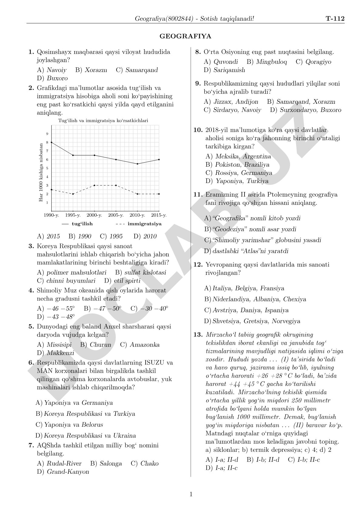Geografiya test savollari