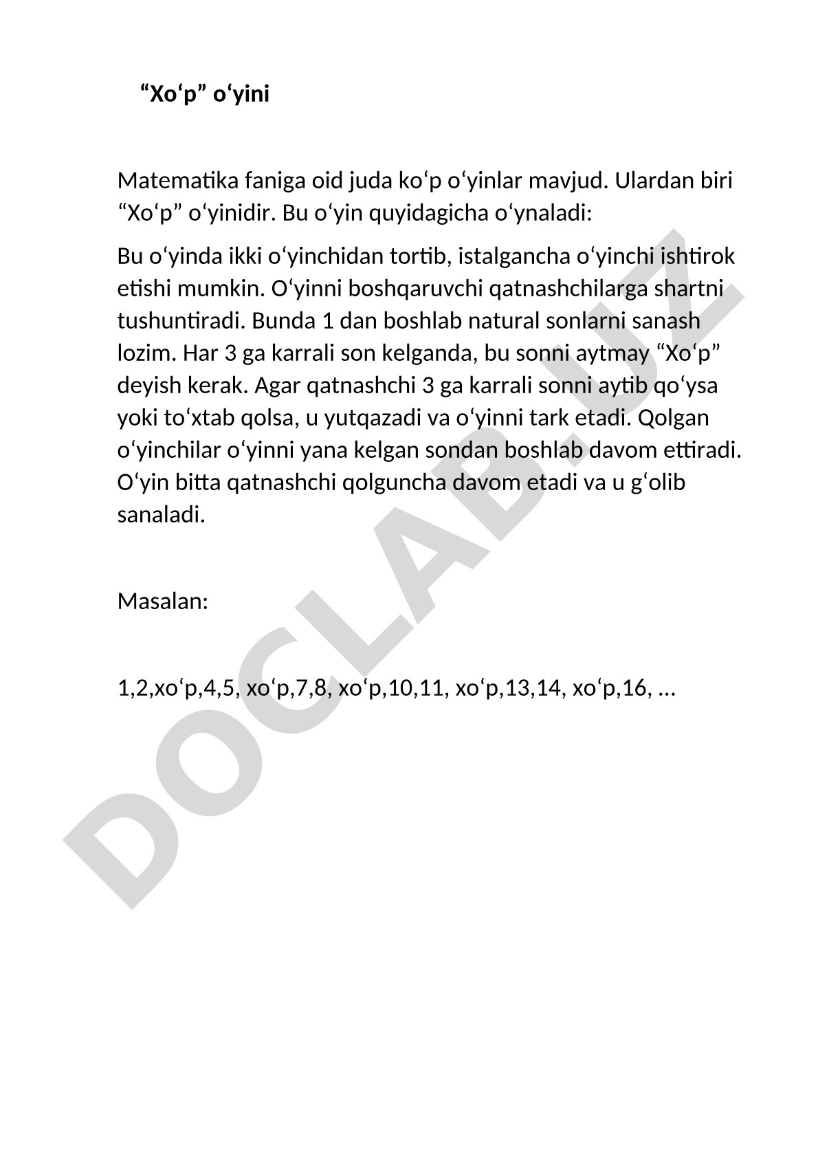 Matematika faniga oid Xo‘p o‘yini