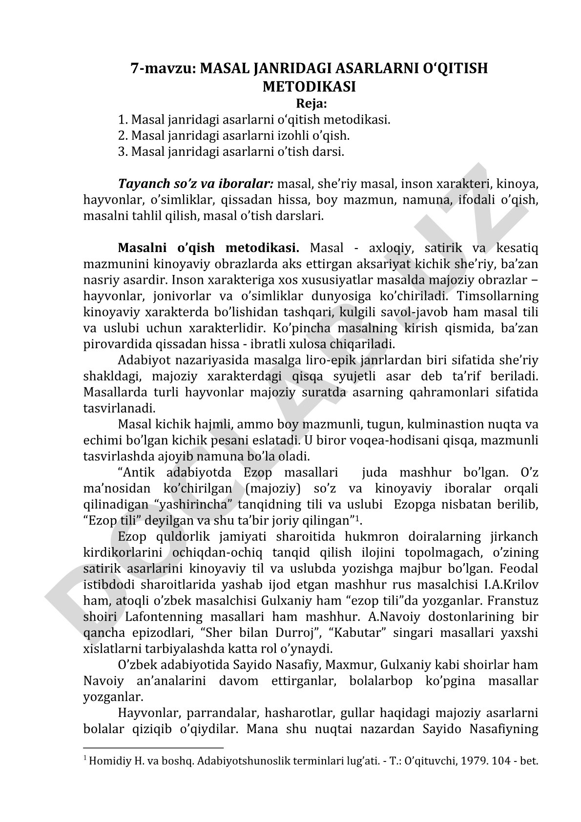 Masal janridagi asarlarni o'qitish metodikasi