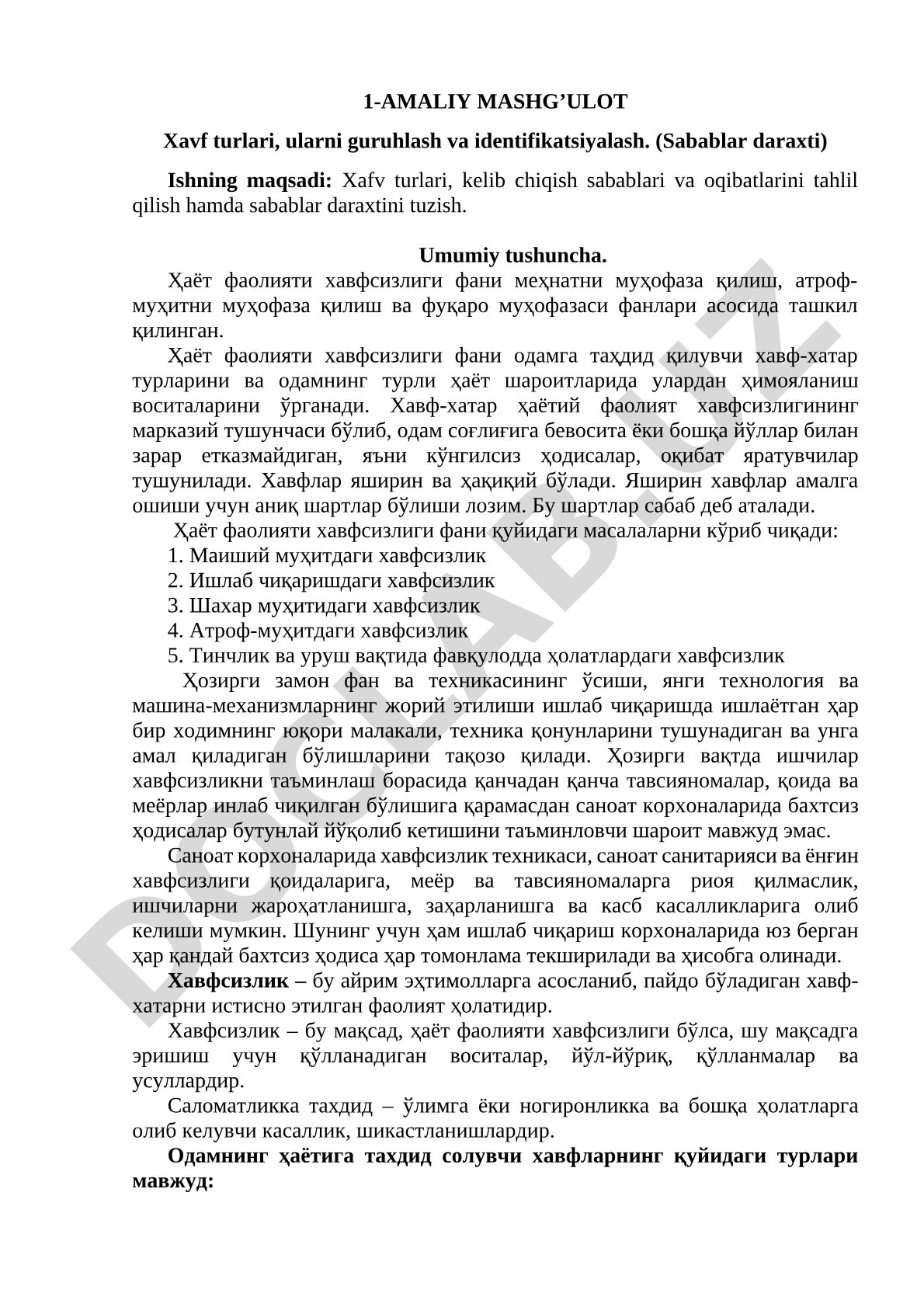 Xavf turlari, ularni guruhlash va identifikatsiyalash. (Sabablar daraxti)
