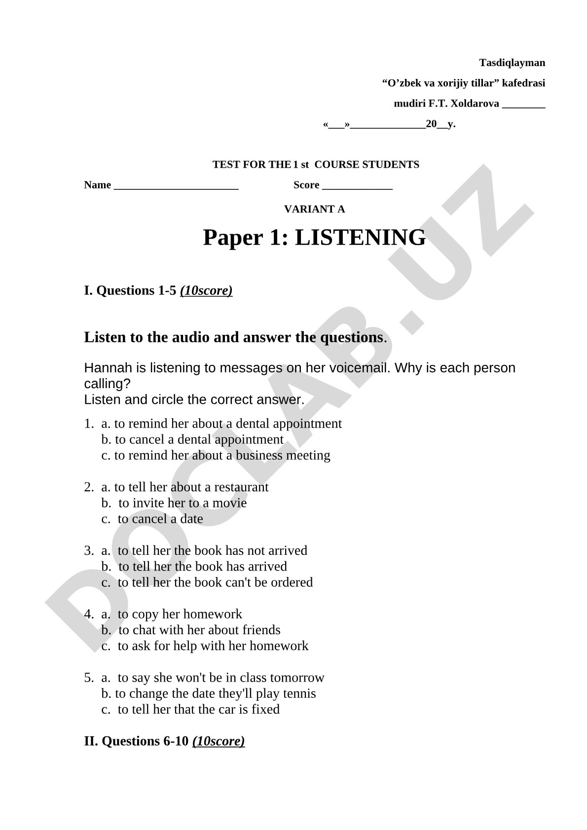 English Listening Test for First Year Students